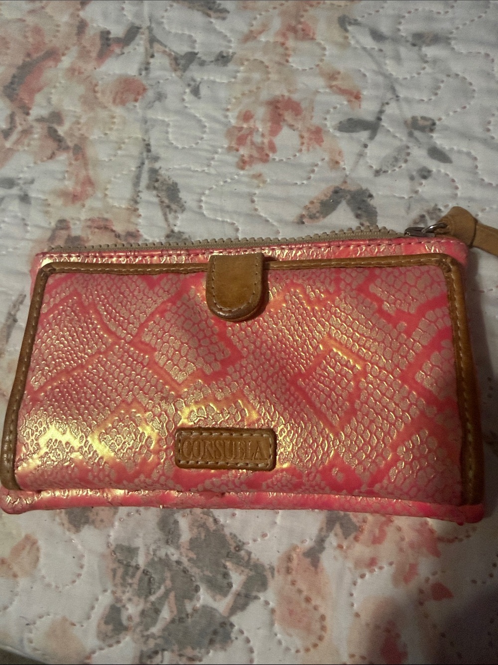 Consuela Pink and Gold Snake-Print Wallet with Tan Trim